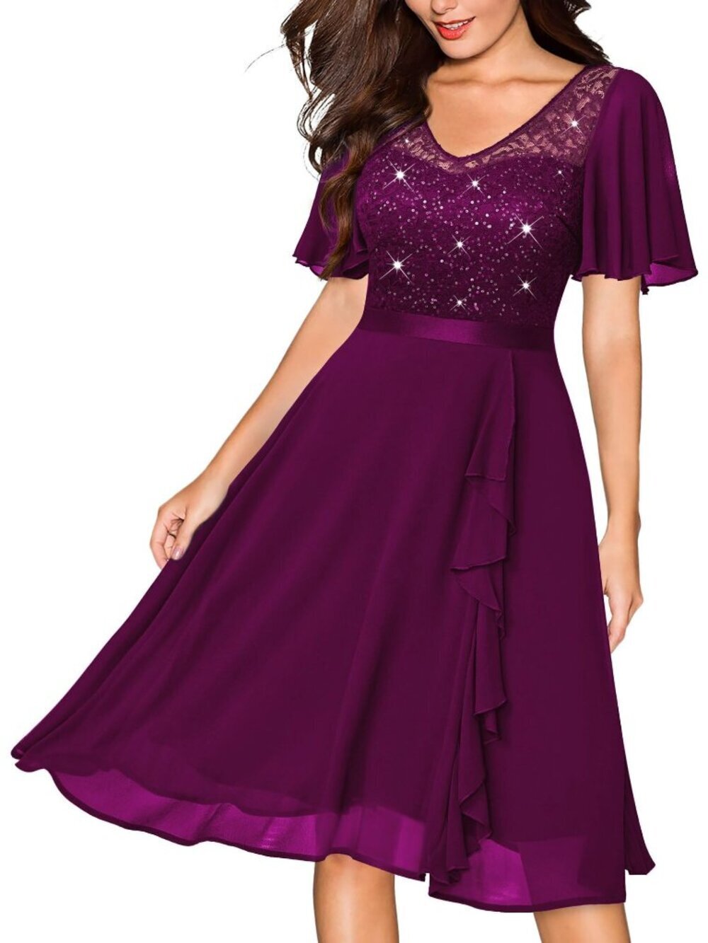 Miusol Sequin Lace V Neck Ruffle Style Cocktail Party Chiffon A-line Dress XXL
